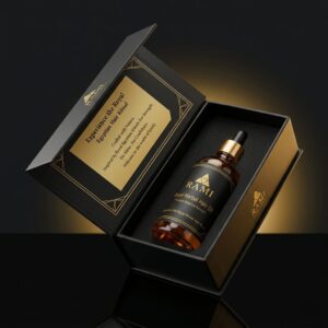 "Rami Hair Oil made with almond oil, kalonji oil, amla, fenugreek, and rosemary using a slow cold infusion process."