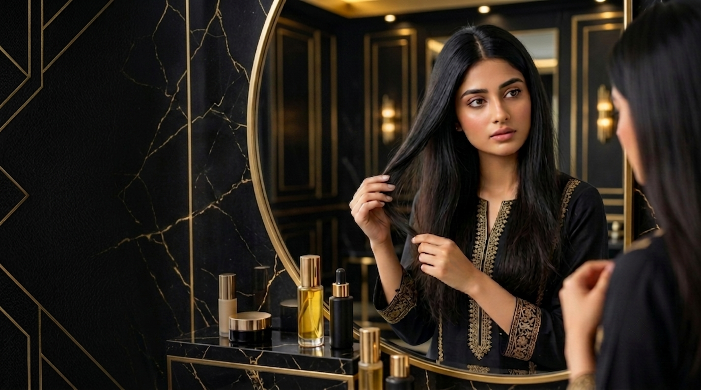 Pakistani woman with healthy black hair wondering why her hair stopped growing despite looking healthy