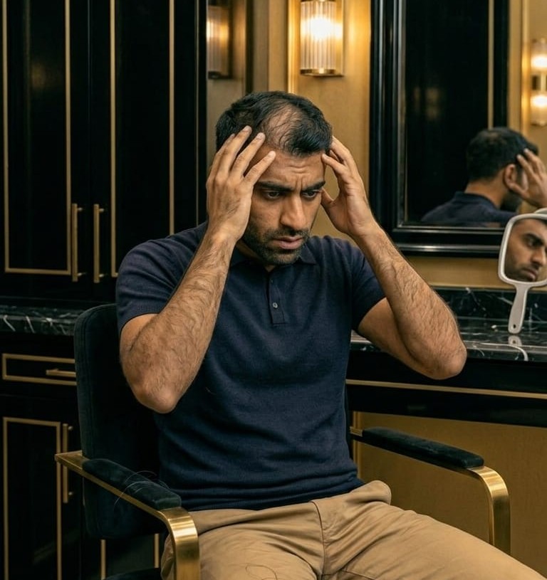 Stressed Professional dealing with hair fall